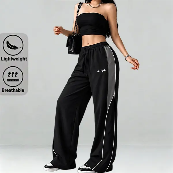 Women’s lightweight summer sports pants—lightweight and soft; street dance pants. Loose casual long pants with gray side color-block stripes paired with white decorative stripes; comfortable design, sporty casual bottoms for gym wear; street dance pants.