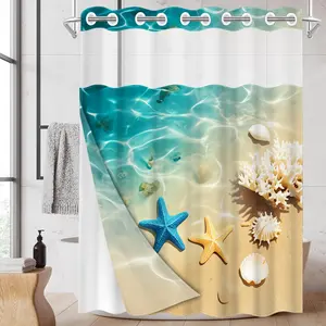 1pc hookless shower curtain, Shower Curtain Liner, with buckle lining, blue and yellow starfish shallow beach design, 2D flat printing, fabric waterproof lining, see-through window double-layer, 71 x 74 inches, home curtain decoration, Bathroom Curtain
