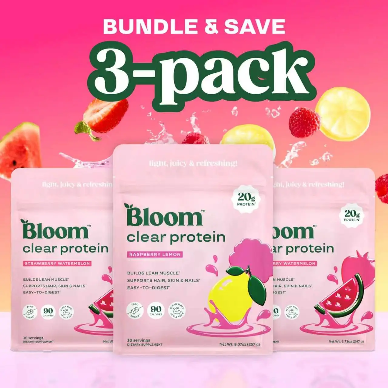 Bloom  Nutrition Clear Whey Protein | Strawberry Watermelon | Whey Isolate + Collagen Peptides | 20g Protein, 0g Sugar |