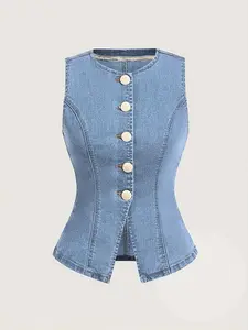 Elegant Luxurious Chic Slim Fit Sleeveless Women's Denim High Stretch Top, Stylish Casual Wear, Perfect for Daily