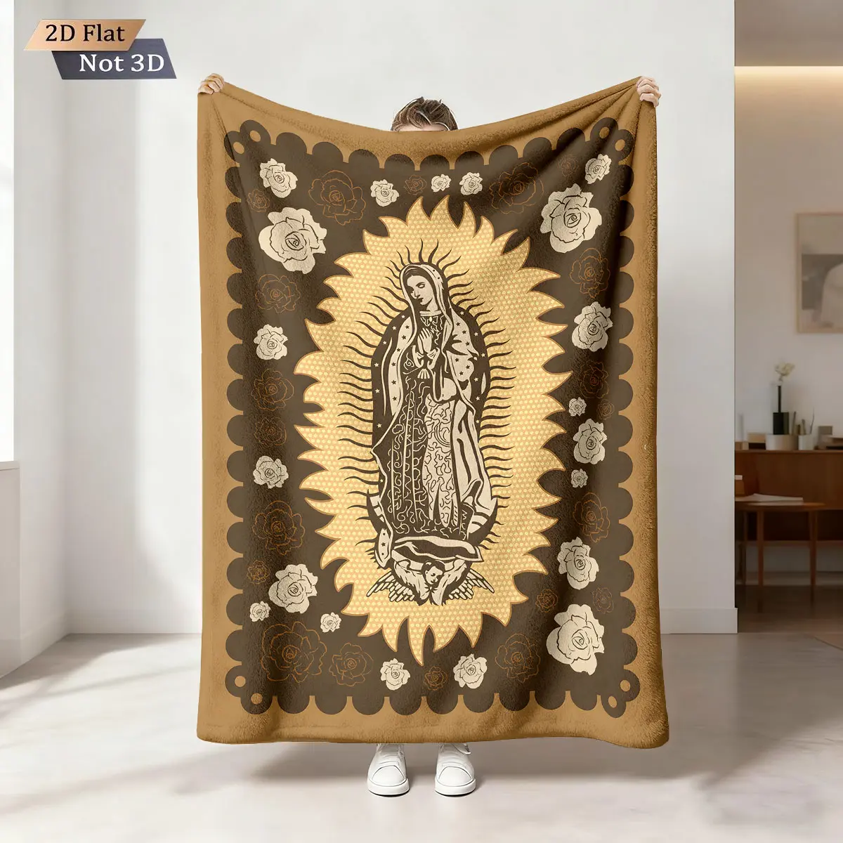 1 piece of the Virgin of Guadalupe, Mexico, floral elements flannel blankets, angel group portraits and decorative frames, comfortable warmth, bedroom sofa, camping blanket, etc., Flannel Throw Blanket