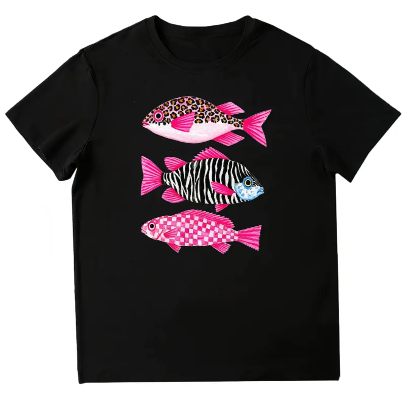 Women's Cotton Short-Sleeve Casual Apparel - Preppy Coastal Pink Tropical Fish Print Beach T-Shirt