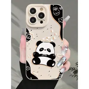 Panda Cartoon Painted Beige Minimalist Shockproof Thick Phone Protective Case, Printed Compatible With  16/16 Pro/16 Pro Max/16 Plus,  15 XR/7/8,  15 Pro Max, 12 Pro Max, 13 Pro Max, 14 Pro Max, 13, 14, 11, 12P, 14P, 11P, 12P, XS, XR, 7/8P, 7/8 GES2,