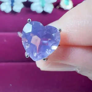 <PingEast jewelry > 925 Sterling Silver Ring with 10mm Natural Charoite in a Simple Four-Prong Heart-Shaped Setting