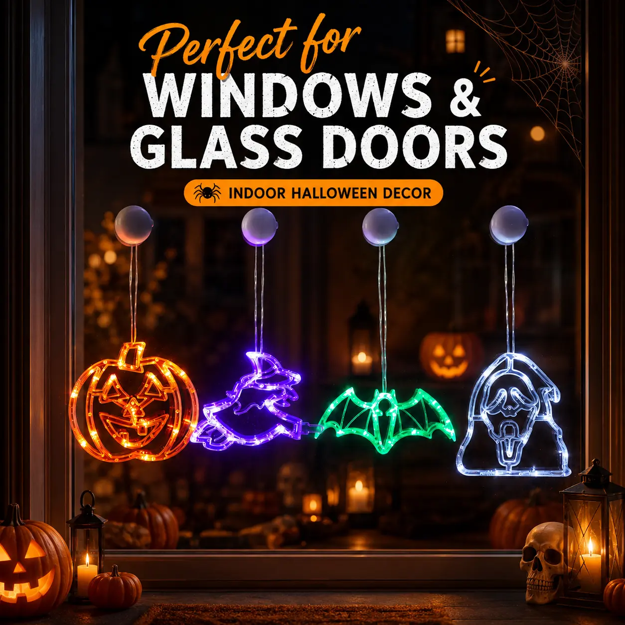 Halloween Suction Cup LED Window Hanging Lights, Battery Operated Silhouette Light Ornaments, Pumpkin, Ghost, Witch, Bat Shaped Decor Lamps, Indoor Glass Window Front Door Festive Halloween Home Party Decorations