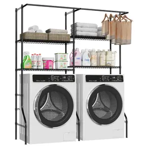 Garvee Over Washer and Dryer Storage Shelves, Adjustable Height 4-Tier Clothes Drying Rack with Hanger Rod & Hook, Heavy Duty Laundry Room Storage Organization, Space Saving, Black
