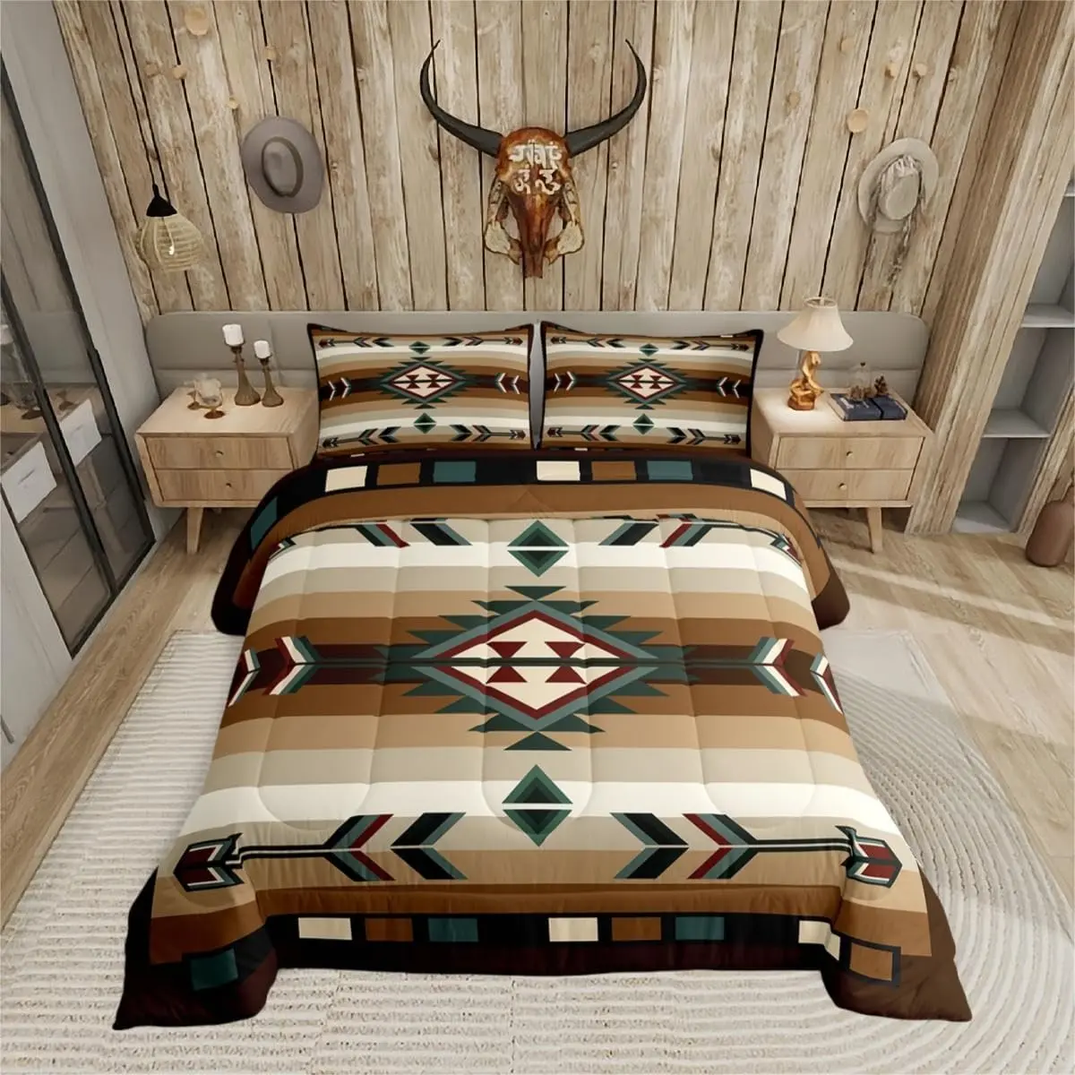 Feelyou Quilted Aztec Duvet Set - Rustic American Style Abstract Geometric Print, All Seasons Breathable Travel-Friendly Bedding for Men, Multi-Size Option Including Twin, Set Includes Core Pieces