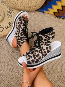 Women's Fashion Leopard Print Lace Up Gladiator Wedge Platform Sandals, Casual Comfortable Wedge Sandals for Summer, Female All-match Round Toe Shoes for Daily Wear, Girl, Leopard Print Footwear