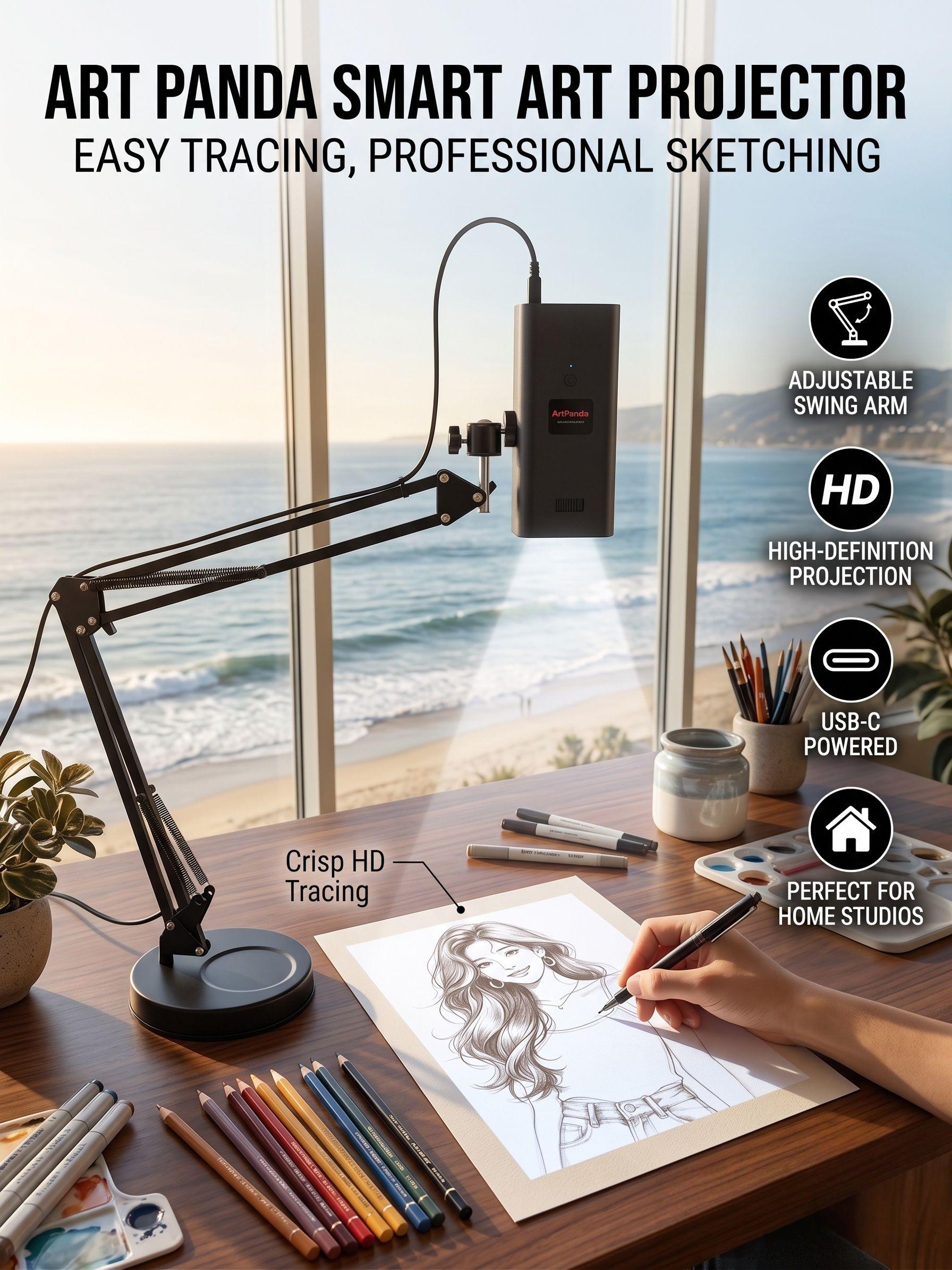 Art Tracing Projector with 360° Bionic Arm - Wireless Type-C Tabletop DIY Art Tool, Beginner-Friendly 5G Digital Projector for Sketching, Craft Room Painting & Home Cookie Decorating Supplies