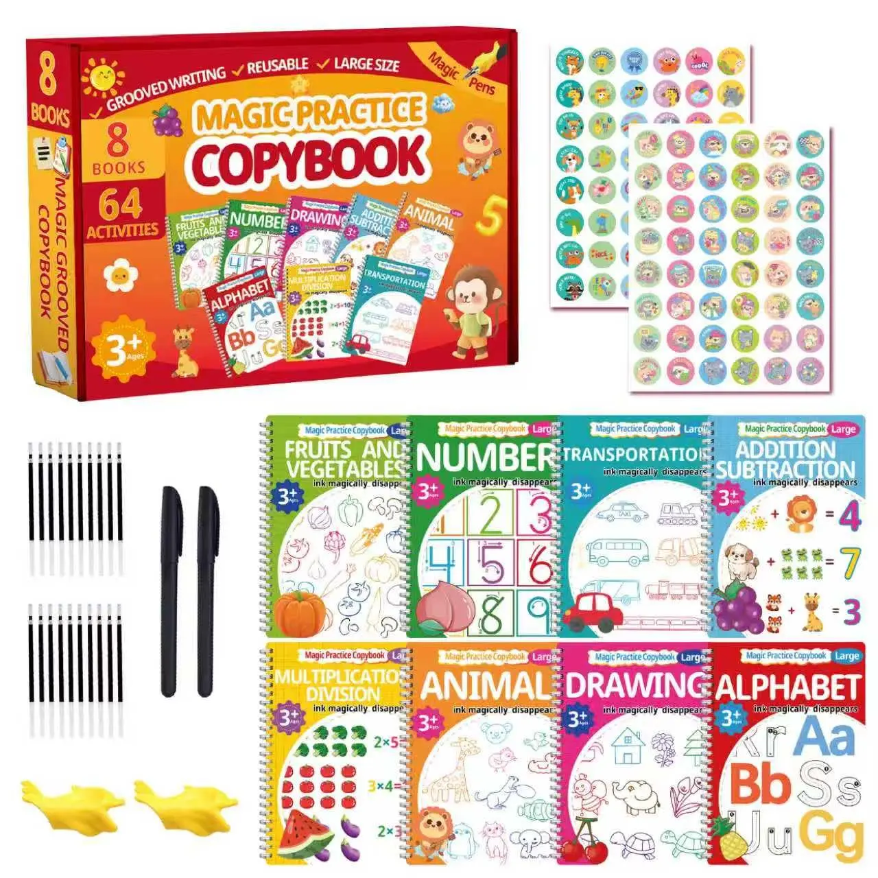 Large Magic Grooved Handwriting Practice for  3-8,Grooved Writing Books for  3-5, Grooved Handwriting Workbooks,Number Letter Tracing (8PCS+2Pens+2Pencil Grips+20refills)