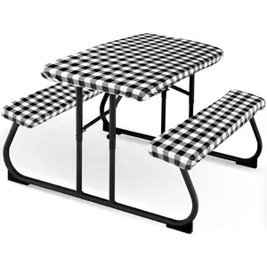 3 count Picnic Table Cover for  with Bench Covers Fitted Tablecloth for Outdoors Vinyl  cloth for Camping Home Goods Indoor Outdoor Patio BBQ(Black, White)