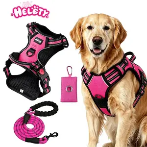 HELETY Pink 3-in-1 Dog Vest Harness Set - No Pull, No Choke, 3M Reflective, Anti-Escape Lock, Adjustable  Small/Medium/Large Dogs, Soft, Cooling Oxford Material, Airtag Compatible, Poop Bag Holder, Night Strap  Safe Walking & Travel prong collars bark led