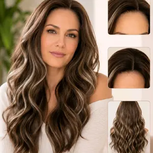 New Release Z1311009 Brownie Blonde blend. Deep brunette shadow root blended into cool ash blonde and platinum highlights.13x4 swiss lace, bio futura fibers, 350 hear tolerance, 120 density, 21.5"-23.5" cap. Gift with purchase must be returned for refund.