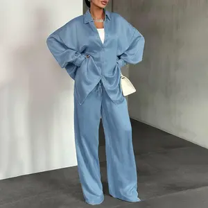 ChicMe Women's 2 Piece Outfit Turn-down Collar Long Sleeve Curved Hem Top and Drawstring Elastic Waist Pants Set Casual Solid Color Loose Fit Matching Set