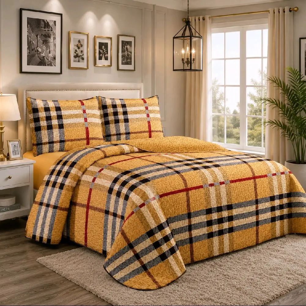 5 PCS Luxury Plaid Bedspread Set – Yellow/Gold 5 PCS Luxury Plaid Bedspread Set – Yellow/Gold