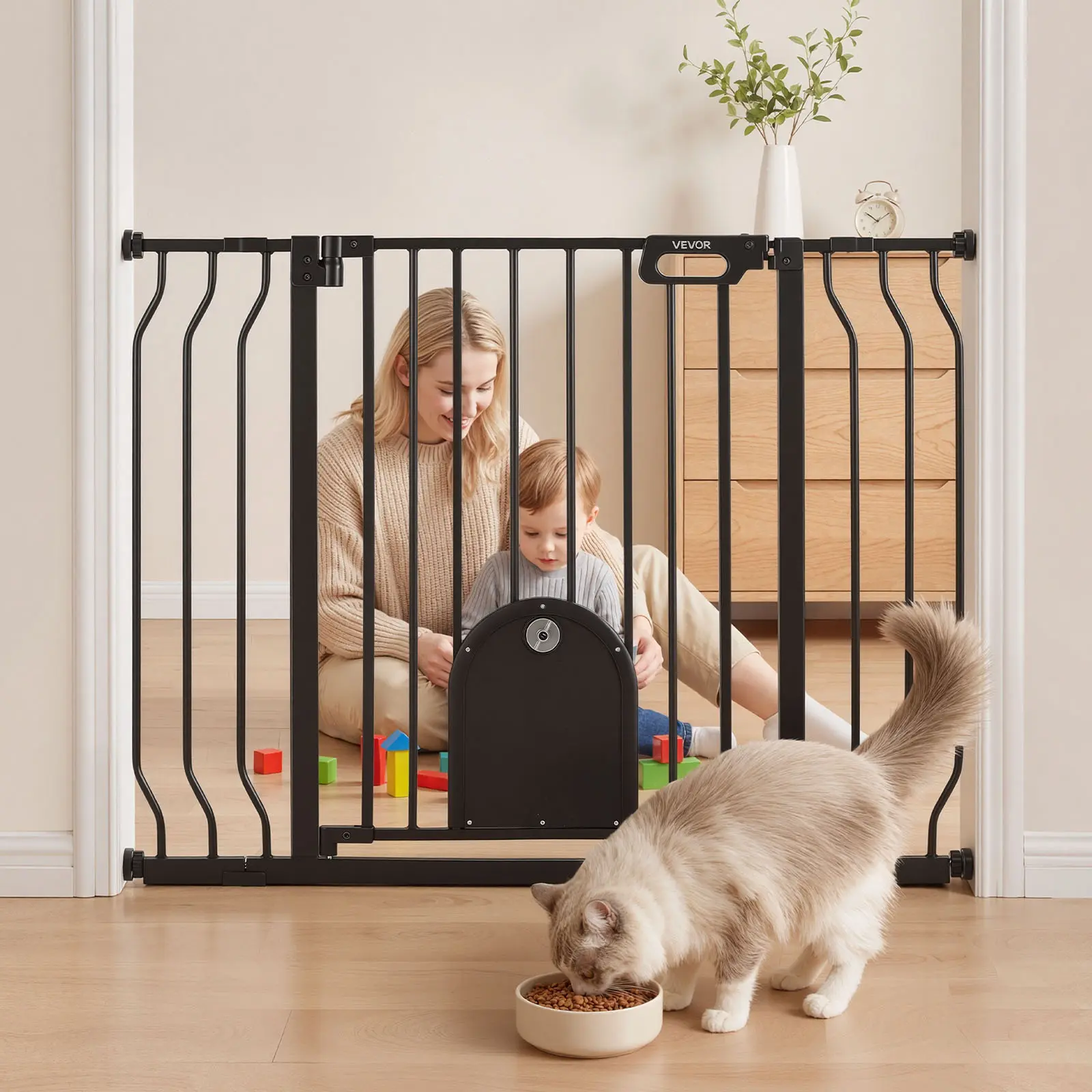 VEVOR Metal Safety Guard Baby Gate, 29.5-43 in Adjustable Width with Adjustable Cat Door, Pressure Mount Kit & Wall Mount Kit, Secure Entry for Stairs & Doorways, Black#BacktoSchool