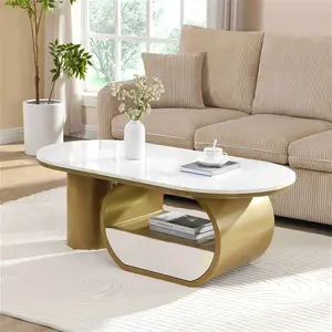 Luxury Modern Oval Coffee Table, 47.24'' Coffee Table with Storage Drawer, Faux Marble Top, Golden Metal Center Table for Living Room ,Golden+White