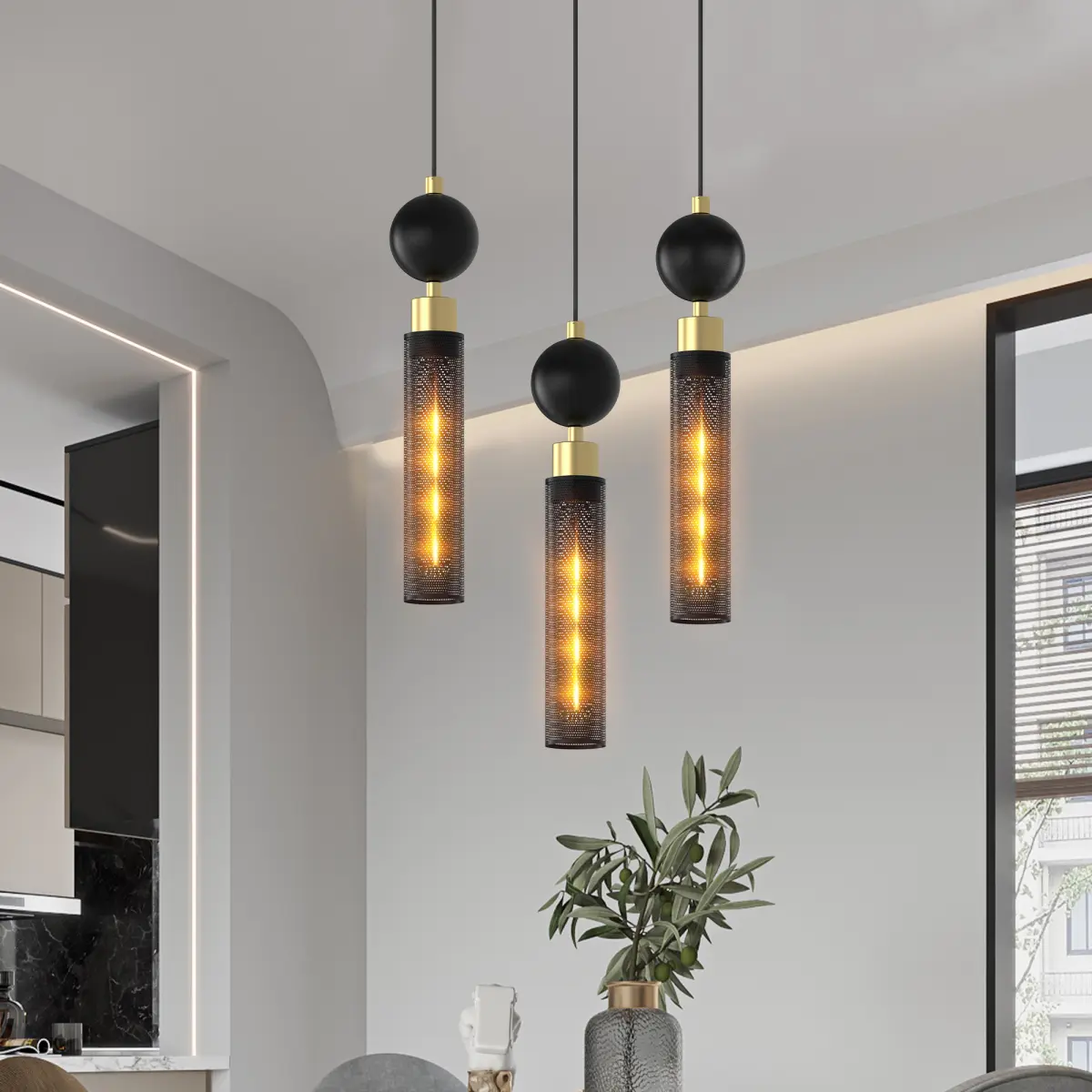 Modern Black Wrought Iron Pendant Light (for Kitchen Island), Adjustable Cord Pendant Fixture, Hanging Lighting Over Kitchen Island, Indoor Chandelier for Bedroom & Bathroom
