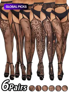 Women's Solid Graphic / Floral Hollow Out Sheer Garter Fishnet Stockings, Sexy Comfy Breathable Thigh High Stockings for Party, Ladies Stockings for All Seasons, Soft Breathable Lingerie, Womenswear, Softness Lingerie