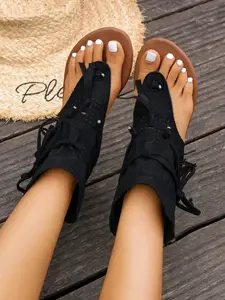 Summer New Multicolor Fringe Sandals, Bohemian Style Tie-Strap Flat Boots, Casual Outdoor Wear, Fashionable Mid-Calf Cool Shoes for Women, Boho Style Sandals, Bohemian Trendy Sandals