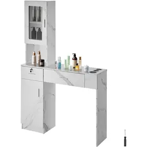 TikTokShopBlackFridayVEVOR Salon Station, Wall Mount Barber Salon Station for Hair Stylist, Beauty Spa Furniture Set, 1 Storage Cabinet, 3 Cubbies and 2 Drawers(One Lockable), White