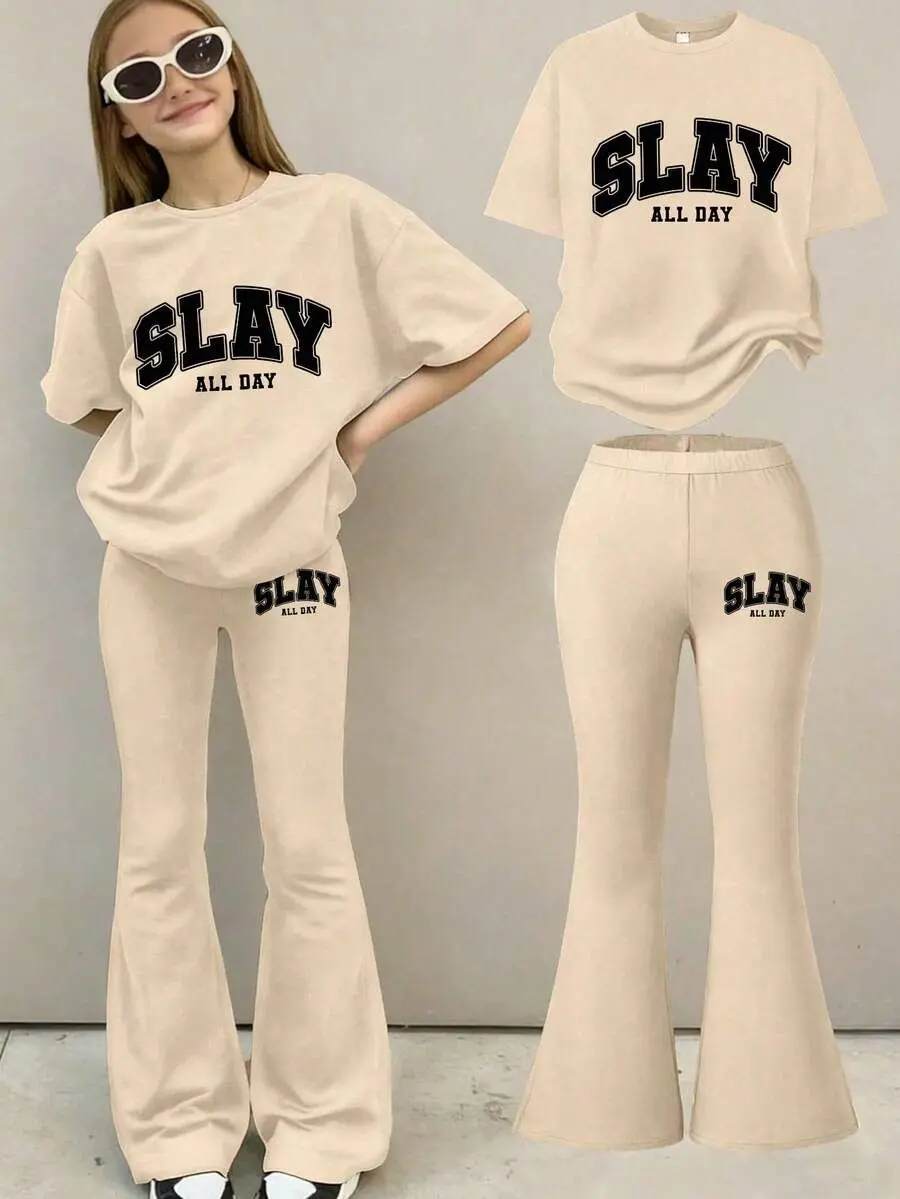 Two-piece set for teenage girls featuring a crew-neck short-sleeve T-shirt with “SLAY” print paired with simple flared pants, summer outfit
