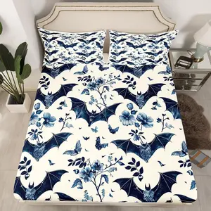 Feelyou Microfiber Halloween Bedding Sheets Set - Cartoon Gothic Spooky Fitted Sheets with Bat, Floral Decorations, for Kids, Microfiber Bedding Set