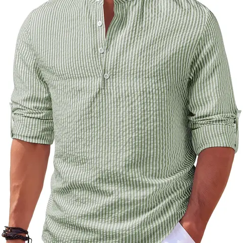 Men's Textured Random Print Blue Striped Open Collar Small Stand Collar Long Sleeve Casual Button Front Shirt Henry Style Casual Button Collared Collared Shirts