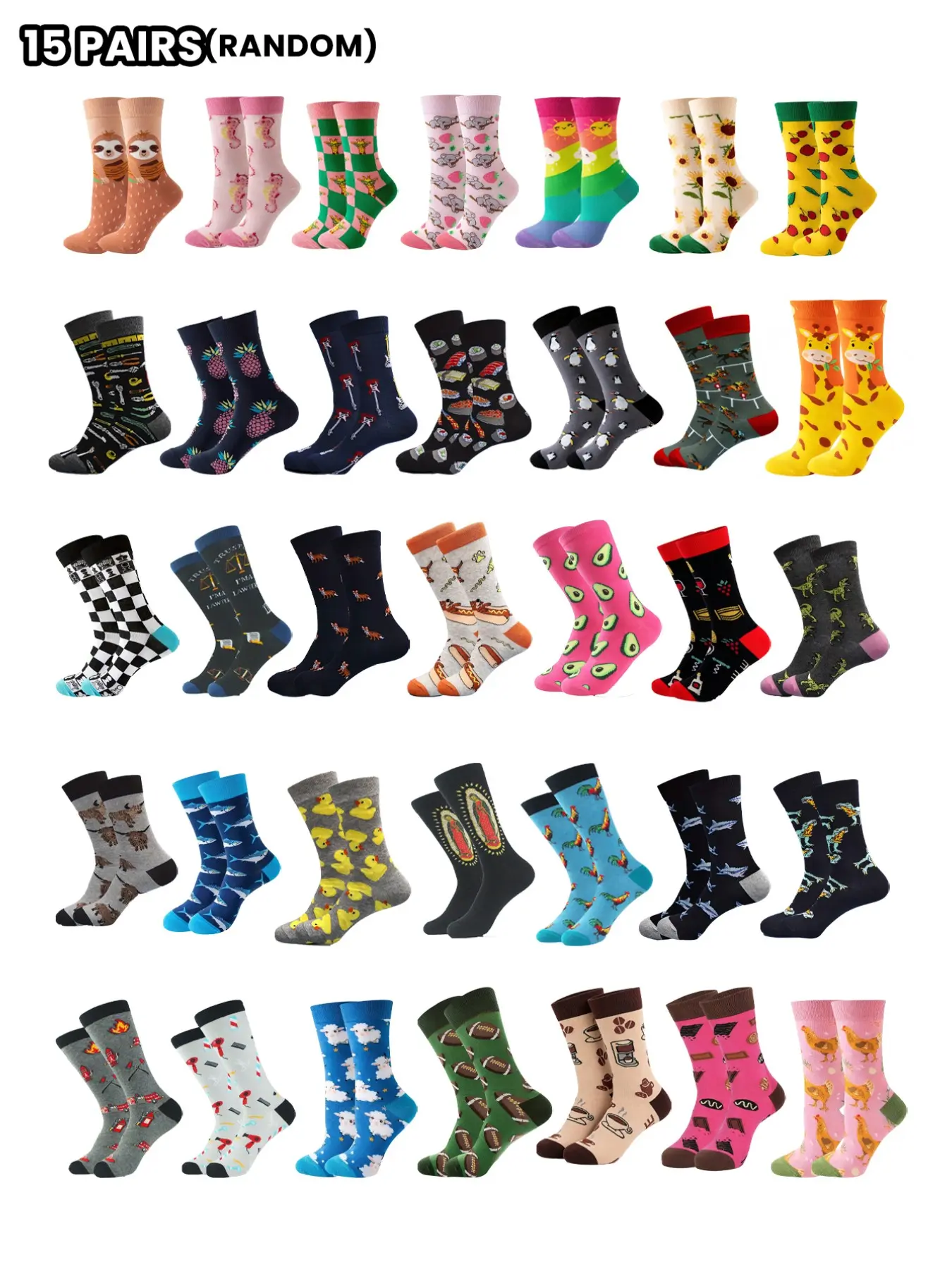 Unisex Cartoon Mid-Calf Socks, Breathable Anti-Odor Design, Multiple Vibrant Patterns, Perfect for Daily Wear, Available in Packs of 5/8/15