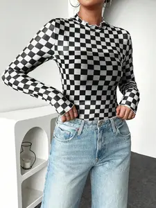 Women's Plaid Mesh Top, Sexy Casual Long Sleeve T-Shirt, Lightweight Sun Protection Summer, All-Season Jersey, Trendy Streetwear Ladies' Clothing