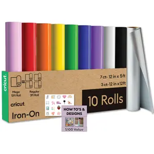 Cricut Premium Iron-On Rainbow Rolls Bundle - Bulk Colored HTV Rolls, Heat Transfer Vinyl for All Craft Cutting Machines, Beginner Iron-On Pack with Essential DIY Project Colors