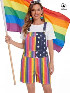 Women's Independence Day Rainbow Star Denim Bib Shorts, Adjustable Straps, Button Closure, Large Pockets, Patriotic Party Wear
