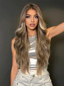 28 Inch Long Blonde Highlight Wavy Wigs for Women, Gorgeous Fluffy Wigs with Curtain Bangs, Synthetic Full Machine Wigs for Party, Daily Use, Synthetic Material Wigs