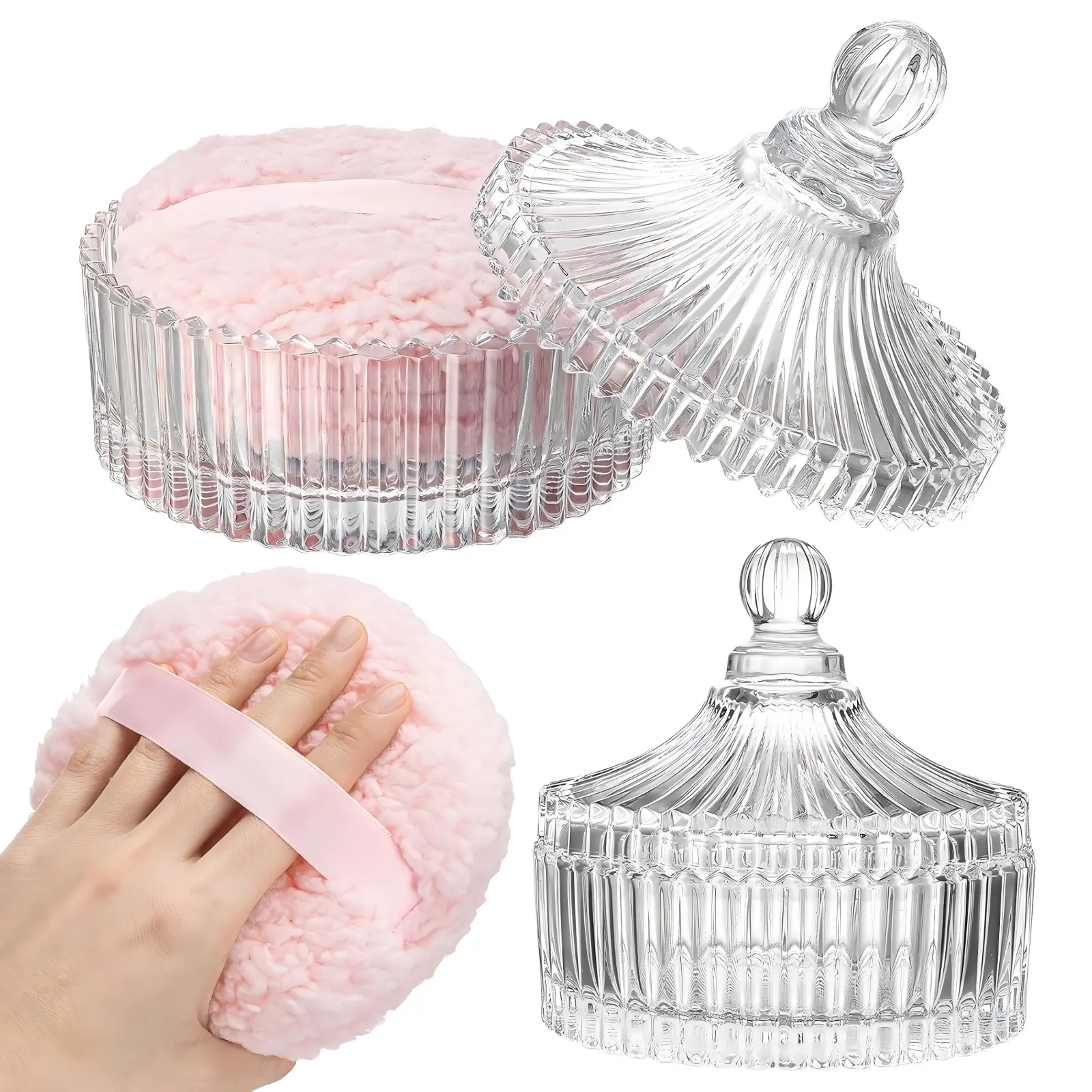 2 Pcs Extra Large Dusting Powder Puff and Container for Baby Women-6'' Glass Crystal Dusting Powder Container with Body Soft Washable Reusable Velour Face Applicator 