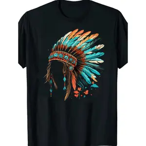 Summer Top - 1pc Native American Indian Headdress Graphic T-Shirt for Men - Casual Cotton Tee with Feather Detail - Round Neck, Knit Fabric - Regular Fit, Sizes S-5XL - Ideal for Training & Outdoor Activities
