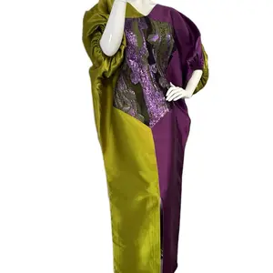 Premium Mikado Boubou in Vibrant Olive and Royal Purple with Brocade Mix