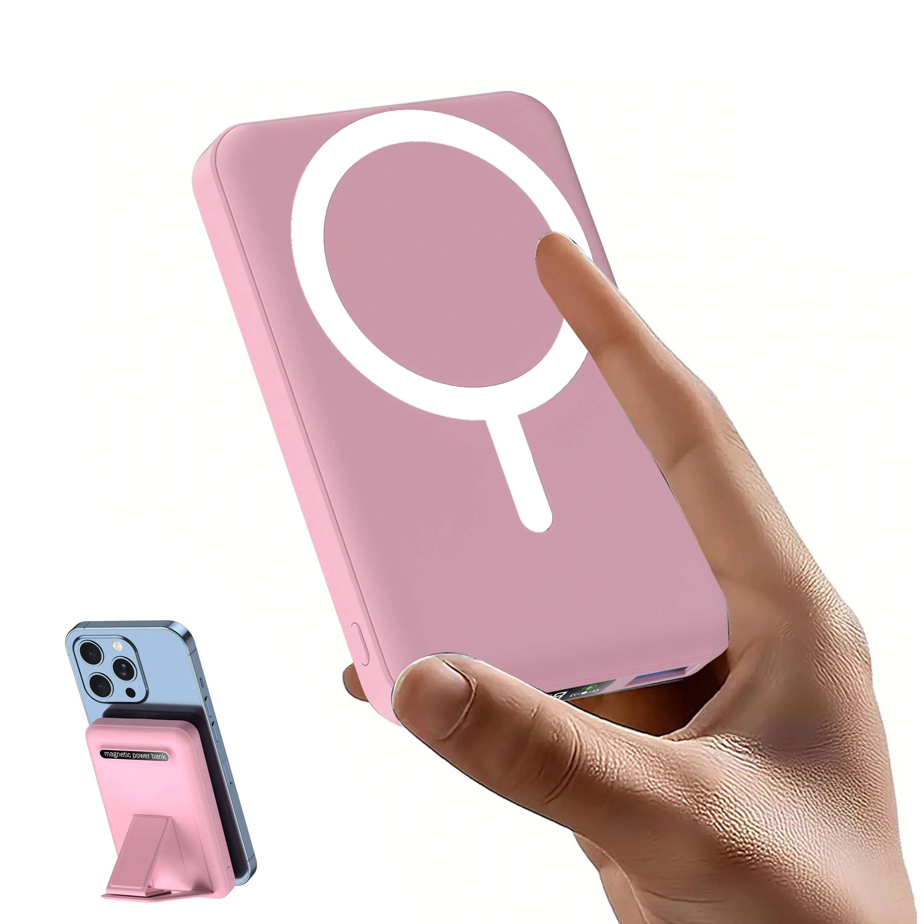 Podoru Silicone 10000mAh Foldable Magnetic Power Bank, 22.5W PD Fast Charging, Wireless Battery Pack with USB-C Cable & LED Display, Portable Charger for iPhone 17/16/15/14/13/12 Series & Mobile Digital Devices - Pink, Iphone 14, Magnetic Power Banks