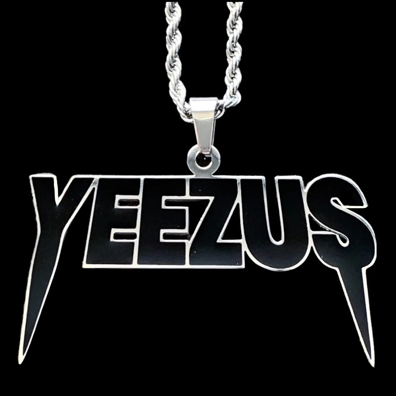 Black YEEZUS Necklace 1.5" Mirror Polished Pendant Stainless Steel Laser Carved Enamel Choice of Chain Free Gift Included