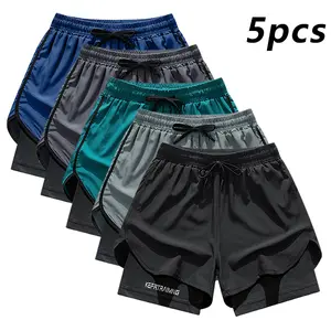 Men’s faux two-piece athletic shorts for summer—quick-drying, breathable, anti-exposure—loose fit with drawstring; casual training shorts suitable for fitness and running; trendy sporty style; lightweight, comfortable, versatile four-pack ideal for everyd