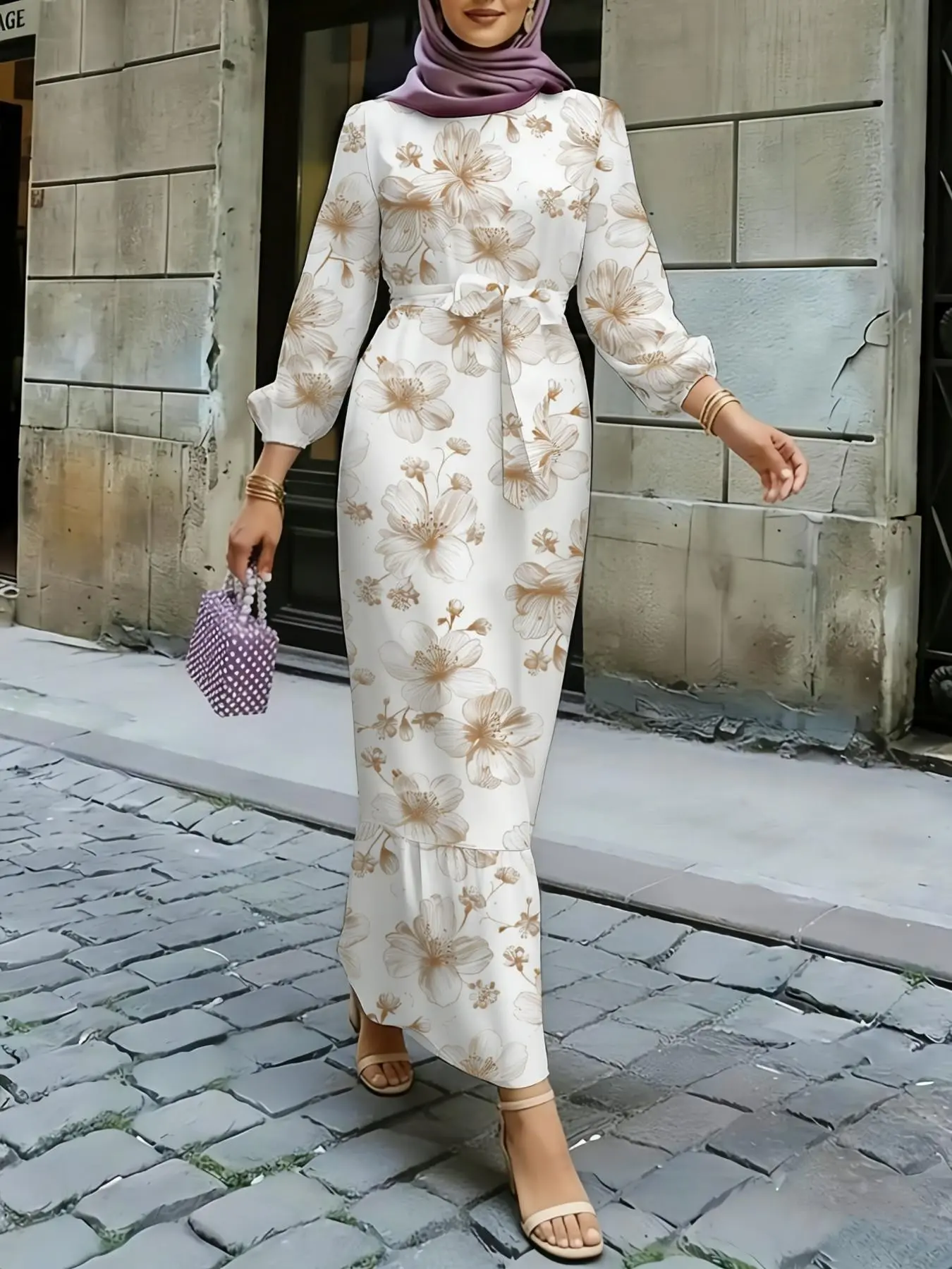 Elegant Long Muslim Dress with Floral All-Over Print, Loose-Fitting A-Type Jalabiya with Belt, Perfect for All Seasons, Women's Arabic Fashion, Classy Modest Dresses, Modest Muslim Clothing, Modest Islamic Clothing
