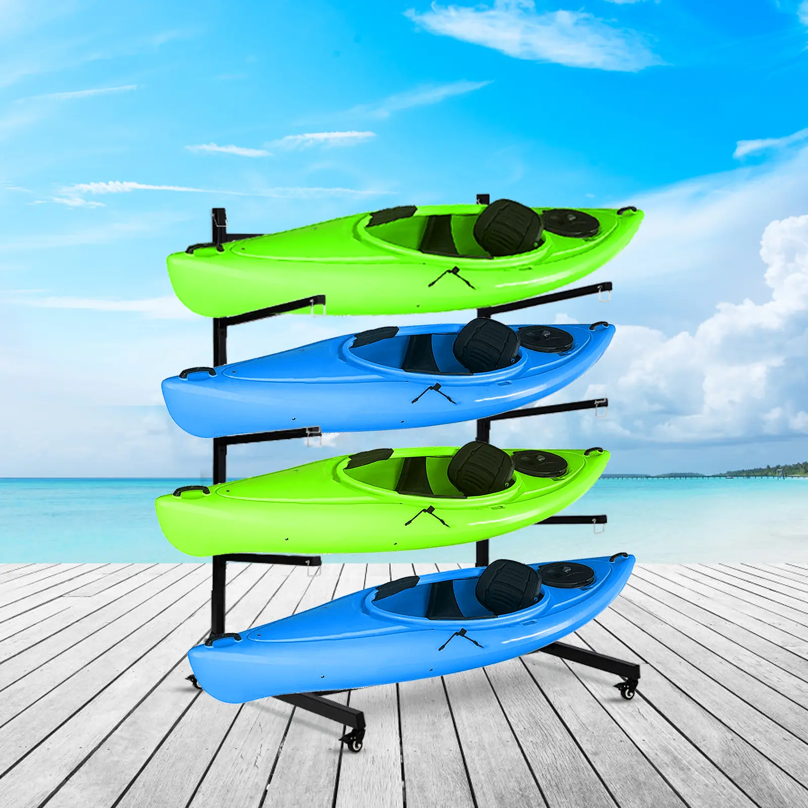 Outdoor Kayak Storage Rack, Freestanding Wheeled Heavy Duty Rack, Multi-use Holder for Canoe, Surfboard & Paddleboard