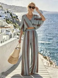 Women's Boho Striped Summer Vacation Style Set, Short Sleeve Cross V Neck Crop Top + Wide Leg Pants, Fashionable and Elegant, Perfect for Casual Beach Vacations