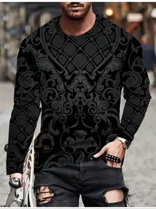 Men's Tribal Pattern Print Vintage Long Sleeve Round Neck Pullover, Casual Fashion Comfortable Sporty Long Sleeve Daily Wear