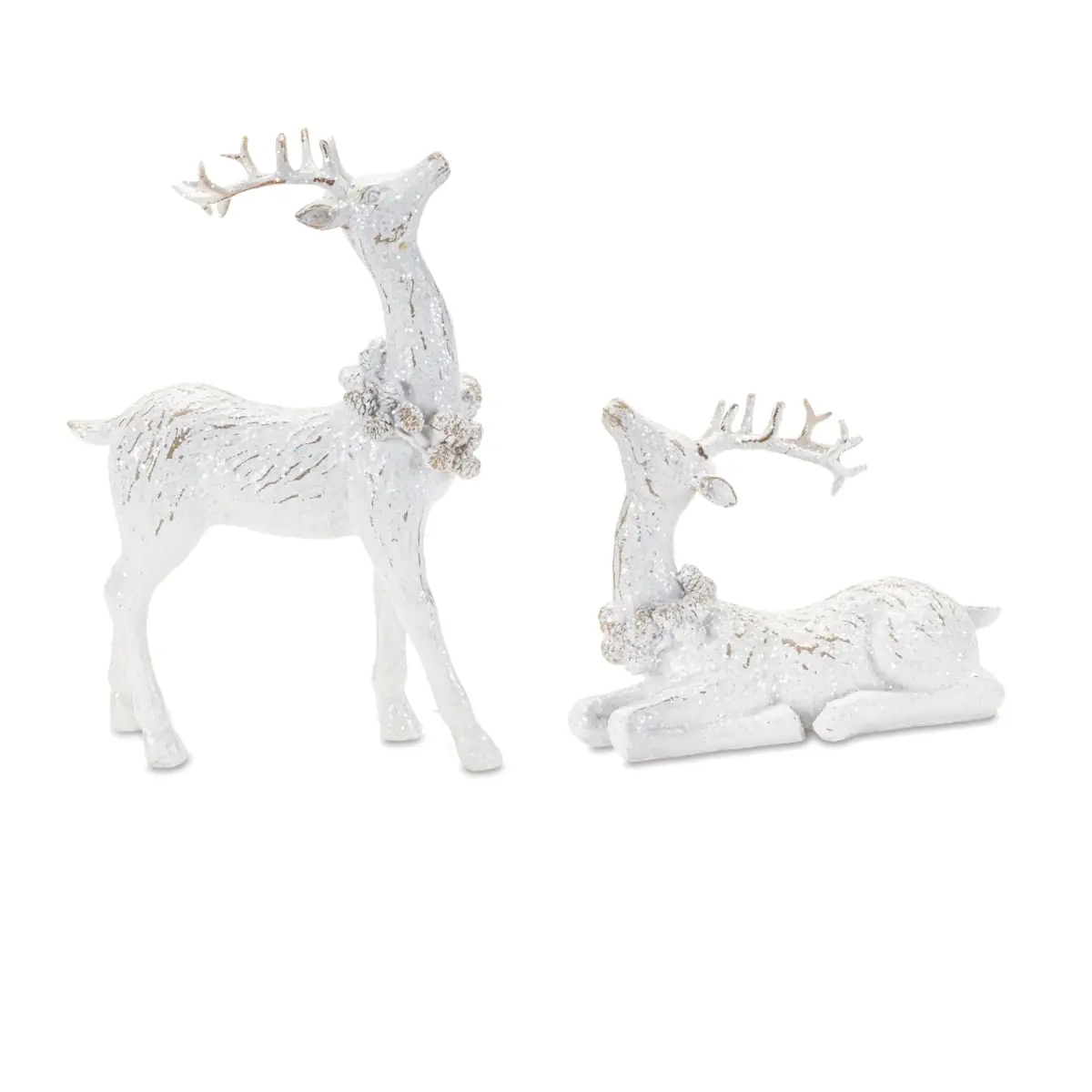 Melrose 94598DS 4-Piece White Resin Animal Statue Set - Whitewash Finish, Multi-Size 3.25in & 7in Deer Figurines with 360-Degree Rotating Stand, Tabletop Display Decoration, Nature Ornaments, Rustic Home Accent