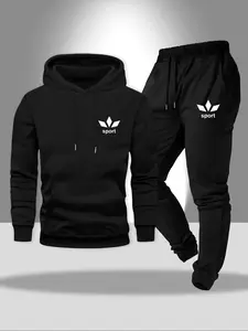 Men's Trendy Sport Logo Tracksuit Set: Black Hoodie & Sweatpants with Minimalist Design, Perfect for Activewear Fans and Casual Street Style, Athletic Activewear Tracksuits