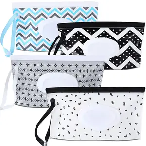 4 Pack  Wipe Dispenser, Portable Refillable Wipe Holder,  Wipes Container, Wipe Dispenser,  Travel Wet Wipe Pouch (Geometric)