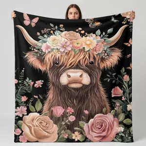 SLEEPWISH Vintage Countryside Highland Cow Flower Crown Flannel Throw Blanket, Rustic Pink Floral Butterfly Pattern, Warm Lightweight Rustic Charm Throw for Living Room Holiday Gift (Cow Pattern & Themed Design), Cow Pattern Throws, Cow-Themed Throws