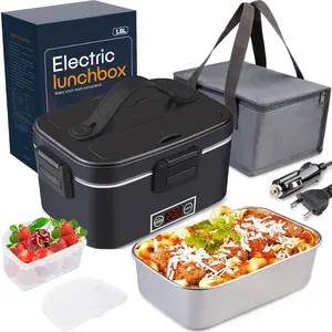 MultiFunctional Square Heating Box 80W High Power Car Home Office Food Heater 1.8L Stainless Steel Liner Digital Display 12V24V110V Wide Voltage Leak Proof Bento Box travel