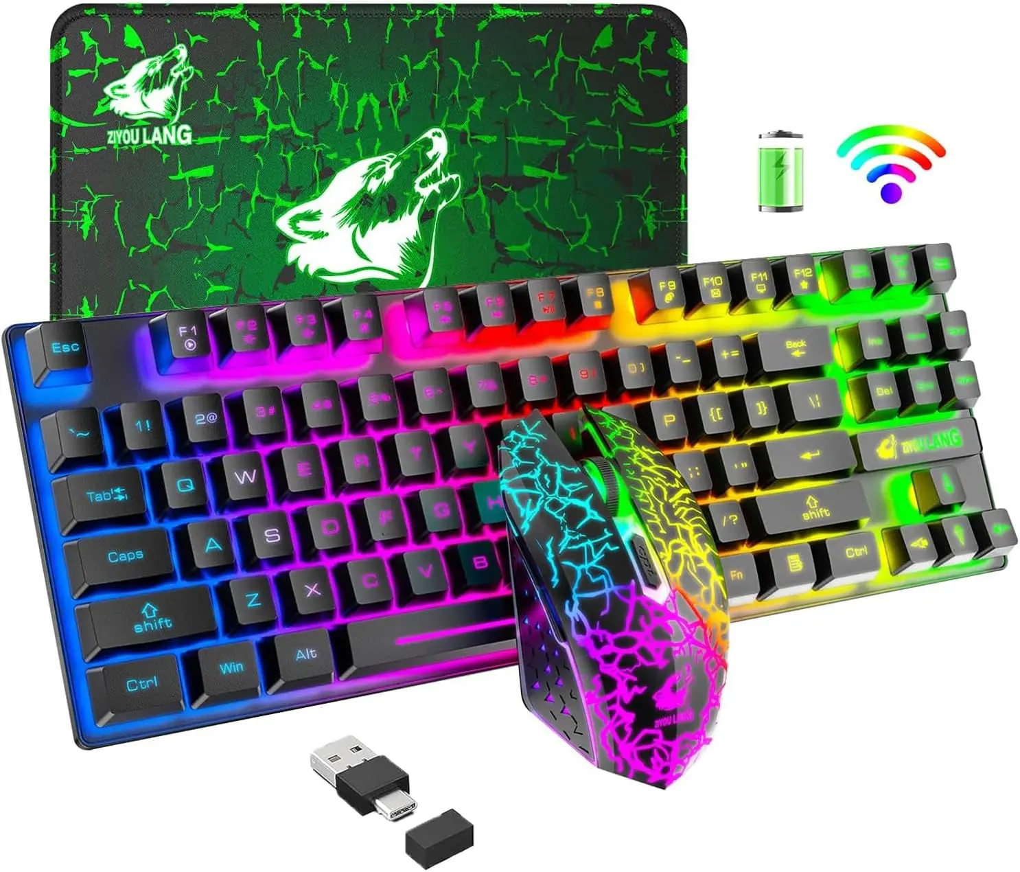 ZIYOU LANG T87 2.4GHz Backlit Wireless Gaming Keyboard & Mouse Combo - Rechargeable Rainbow Color Backlight, 2400 DPI, Bonus Mouse Pad, Anti-Ghosting Desktop Set for PC, Backlit Wireless Keyboard, Desktop Keyboard & Mouse Combos