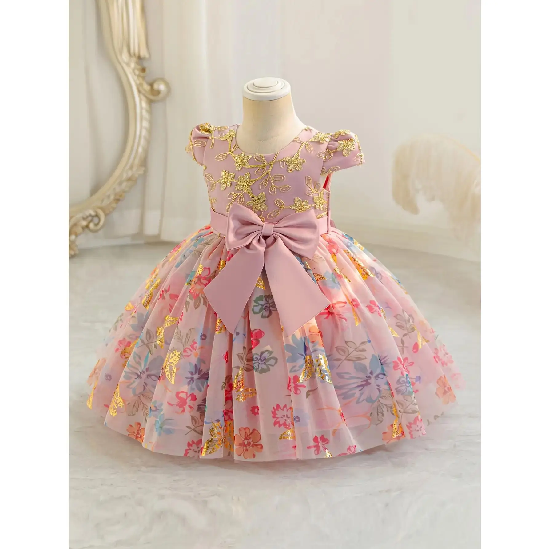 Baby Girls' Princess Dress, Puffy Tulle Ball Gown with Large Bow for Birthday, Holiday & Christening Events, Baby Clothing, Floral Printed Dress, Short Sleeve Tops, Puffy Skirt, Sweet